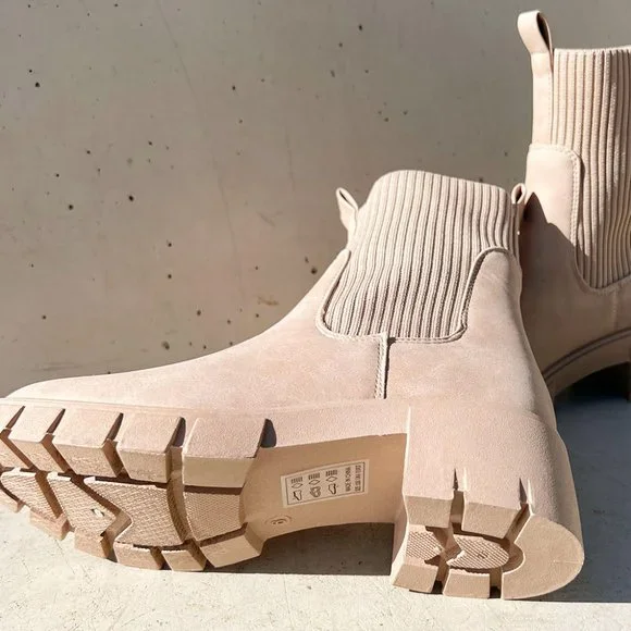 NEW Taupe Beige Chunky Lug Sole Platform Elastic Sock Ankle Chelsea Bootie Boots - Picture 5 of 11